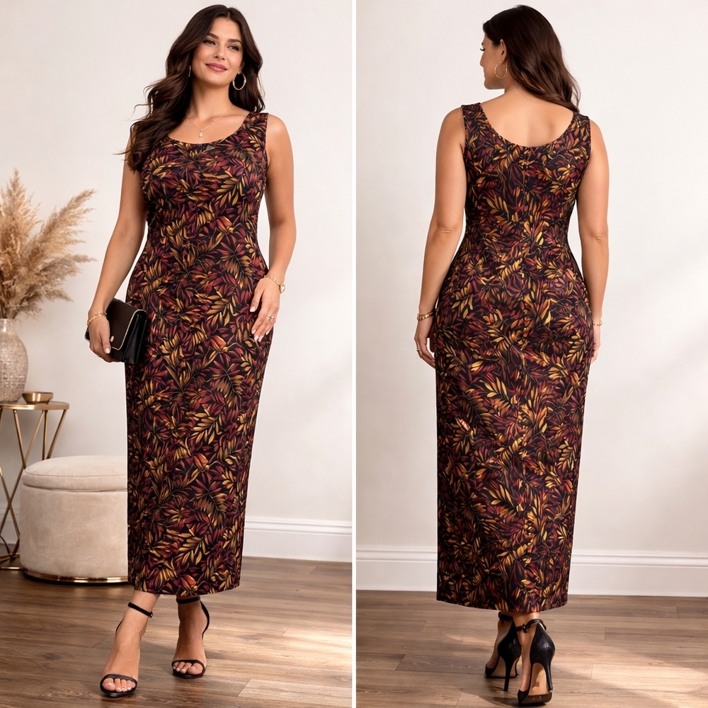 Studio I Dress Sleeveless Maxi 16W Autumn Leaf Print Sheath 54” Long Minimalist - Picture 7 of 7